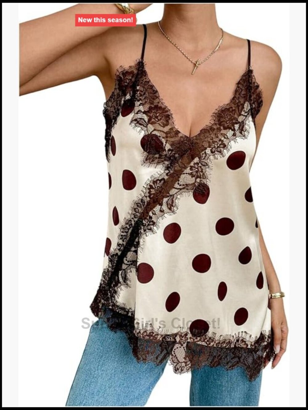 Polka Dot Lace Trim Satin Tank Top Sleeveless Camisole